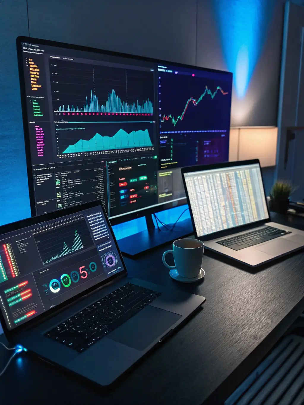 A professional workspace featuring a dashboard displaying financial analytics and growth charts, emphasizing data-driven decision-making for ScubeAI's Comprehensive Financial Management service.
