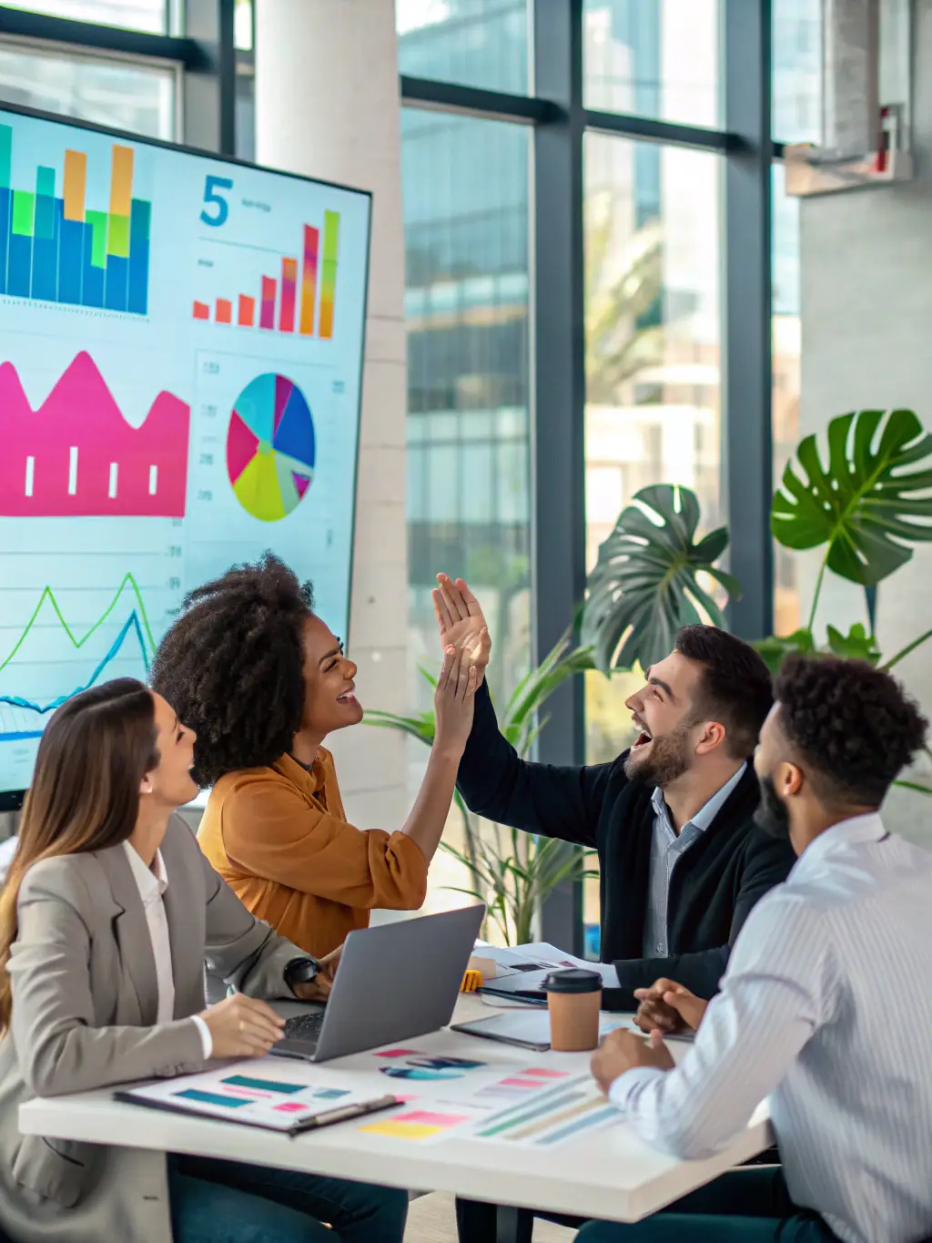 A diverse team of financial experts collaborating in a modern office, analyzing financial data and discussing strategies, representing ScubeAI's commitment to providing expert financial solutions.