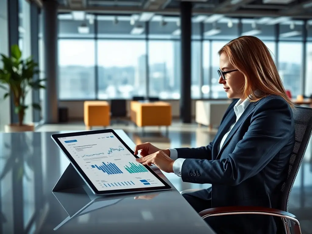 A professional businessman analyzing financial data on a tablet, with charts and graphs displayed, in a modern office setting, representing financial monitoring.