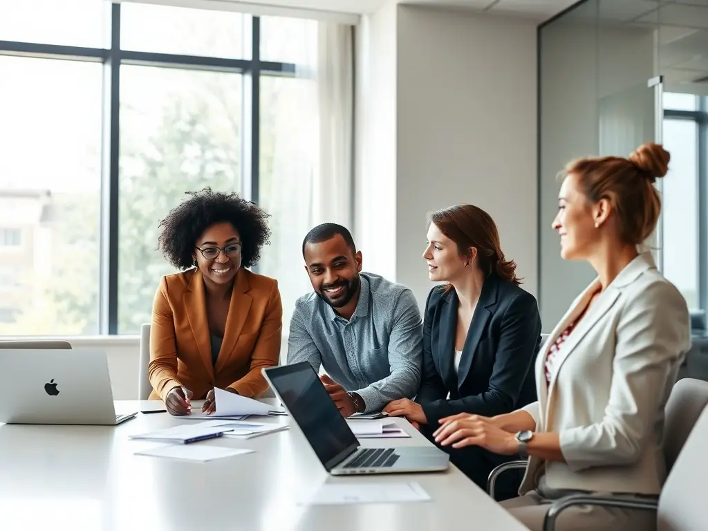 A diverse group of business professionals collaborating on financial strategies in a bright, modern office, representing access to financial services.